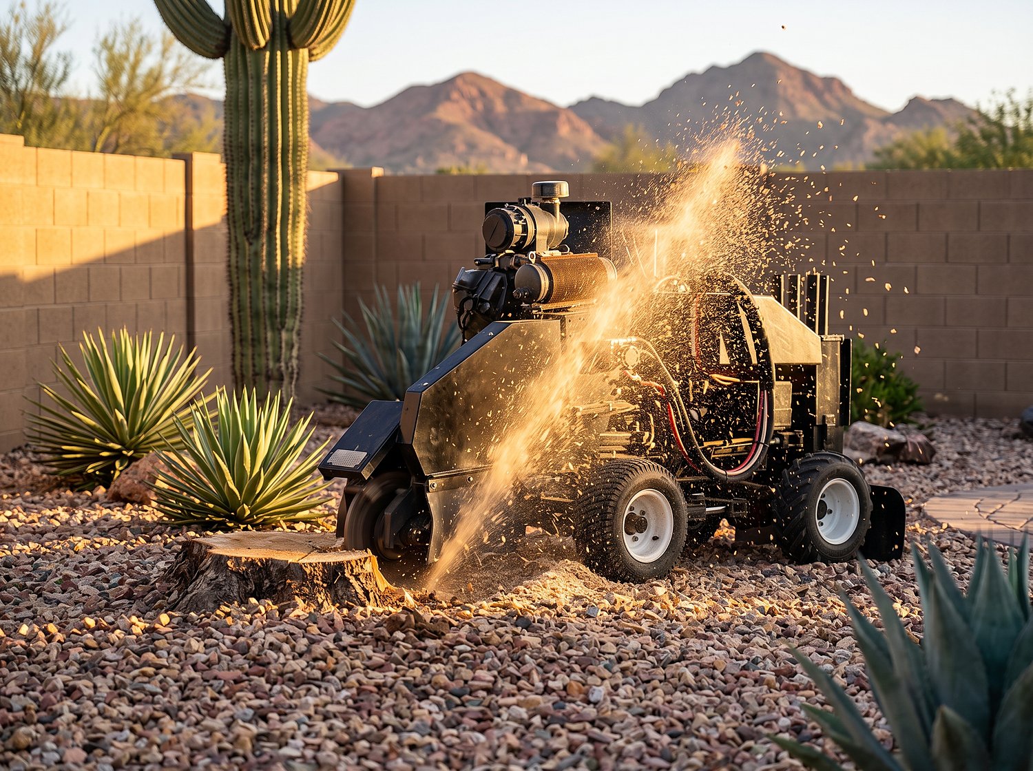 A compact stump grinder throwing a spray of wood chips as it grinds a stump in an Arizona desert backyard at golden hour
