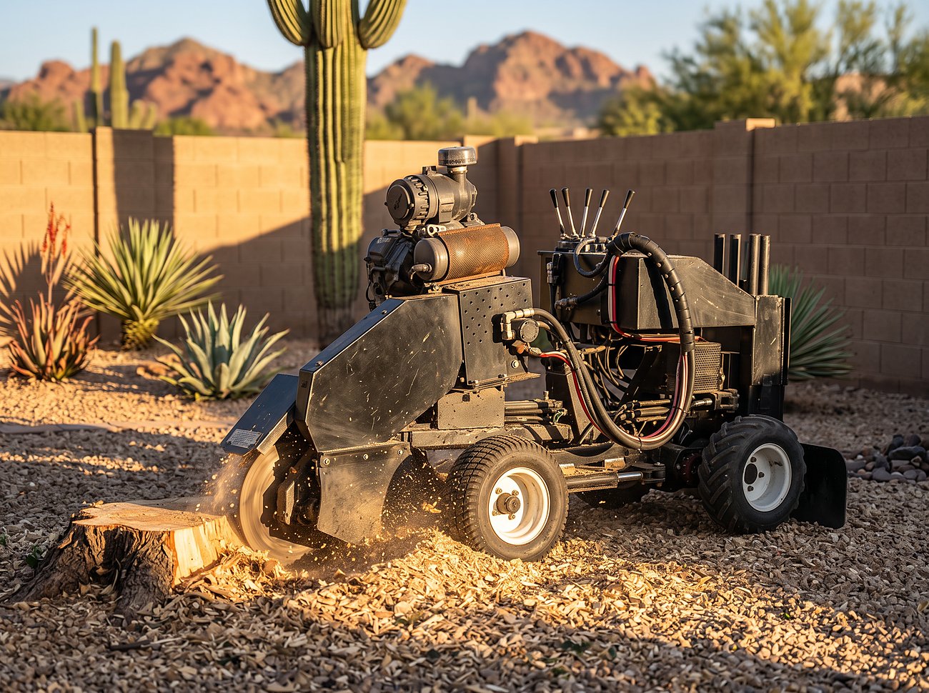 The compact self-propelled stump grinder chewing through a stump in an Arizona backyard, wood chips piling up